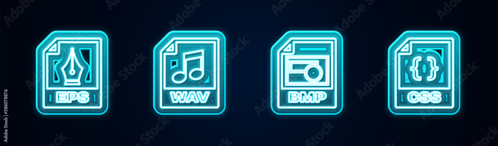 Set line EPS file document, WAV, BMP and CSS. Glowing neon icon. Vector Set line EPS file document, WAV, BMP and CSS. Glowing neon icon. Vector