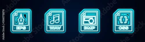 Set line EPS file document, WAV, BMP and CSS. Glowing neon icon. Vector