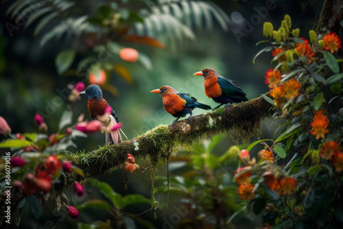 Photo of three vibrant birds sitting on a tree branch in the midst of a lush forest