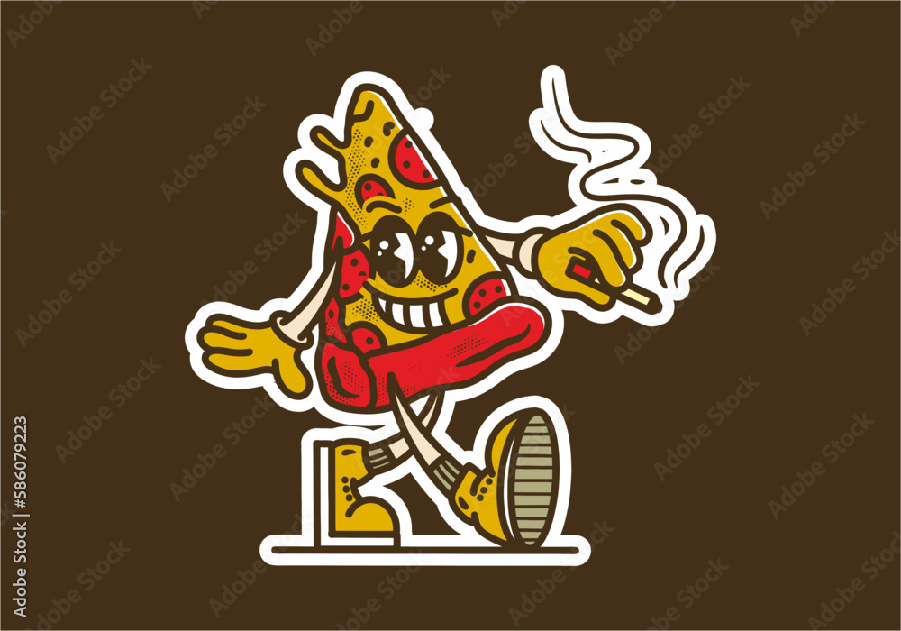 Mascot character sticker of walking pizza slice with happy face