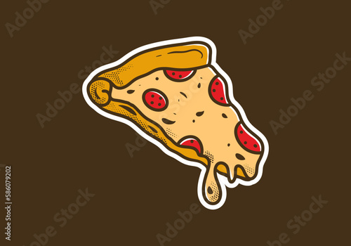 Vintage art illustration sticker of melted pizza slice