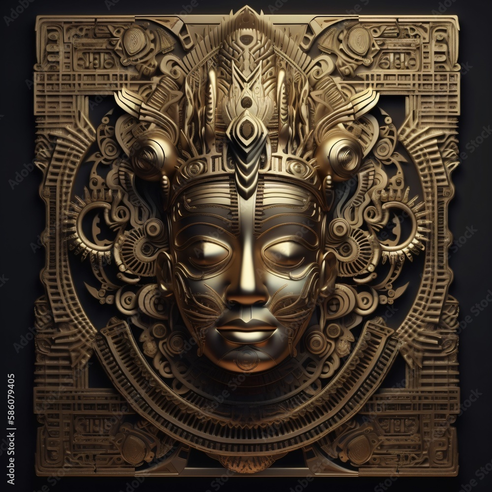 Fototapeta premium golden fantasy relief with tribal ornaments, symmetrical wall art, generative ai