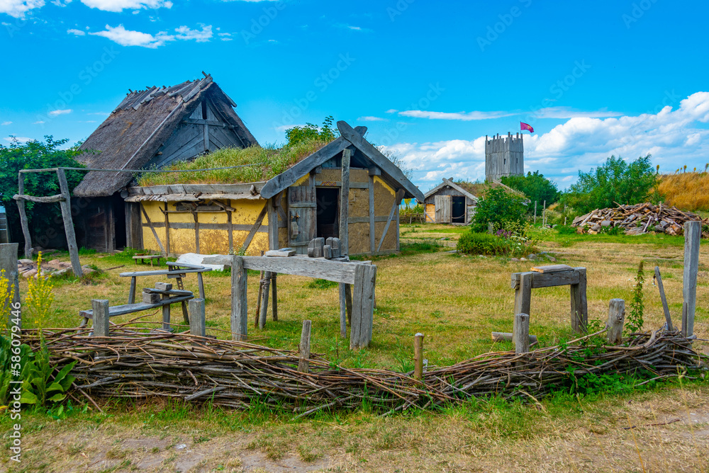 Wooden huts at Foteviken viking museum in Sweden - obrazy, fototapety, plakaty 