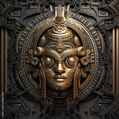 golden fantasy relief with tribal ornaments, symmetrical wall art, generative ai