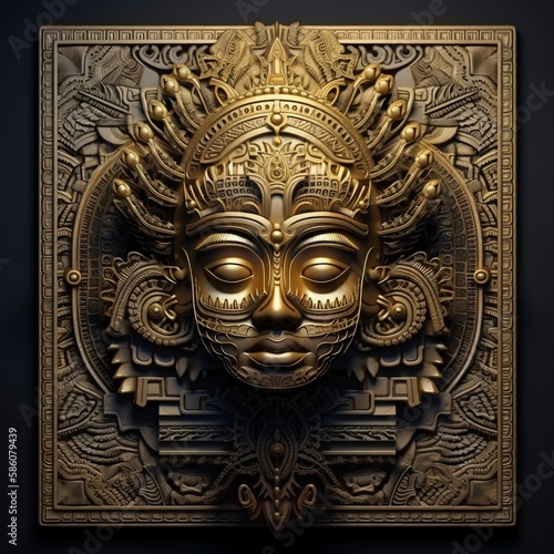 golden fantasy relief with tribal ornaments, symmetrical wall art, generative ai