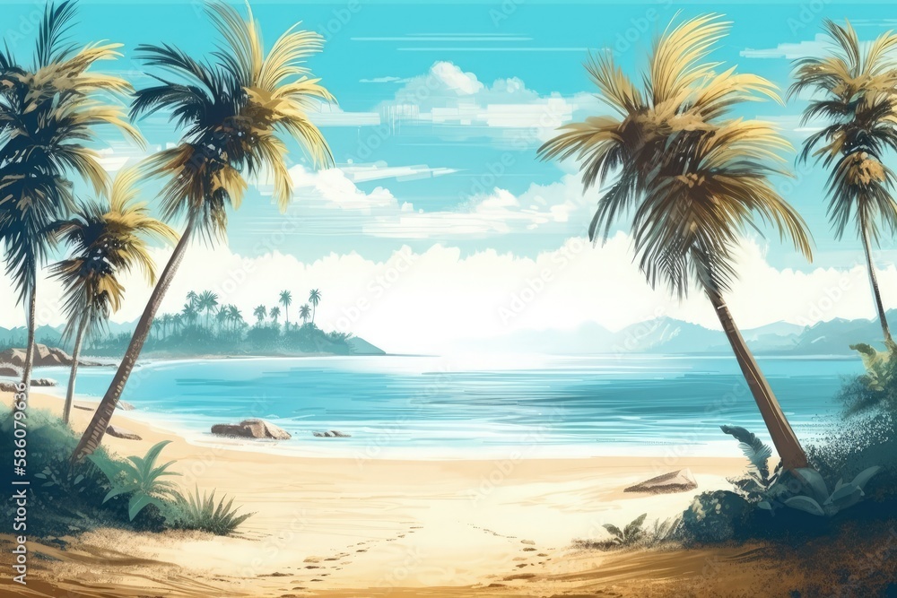 serene tropical beach with palm trees and clear blue water created with Generative AI technology