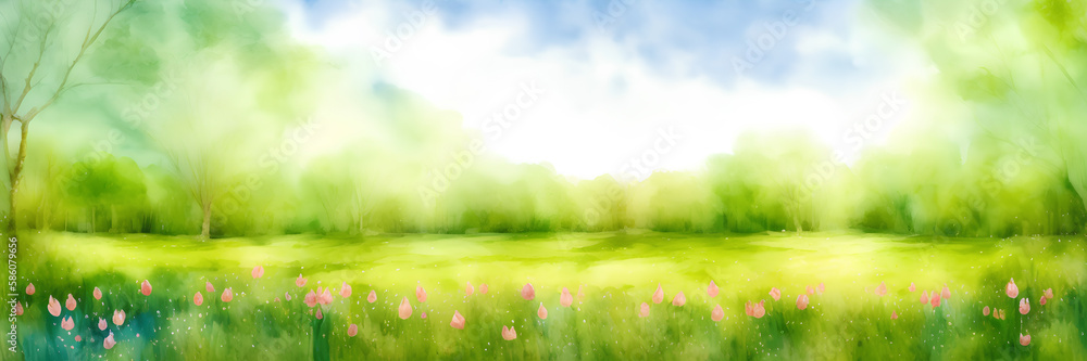 Painted summer landscape, blooming meadow and green sods, panoramic