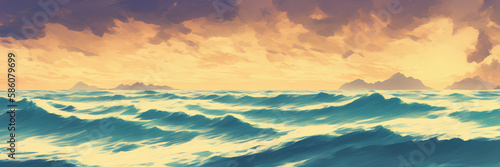 Painted seascape, sea waves, sunset sky, ai generation, panoramic