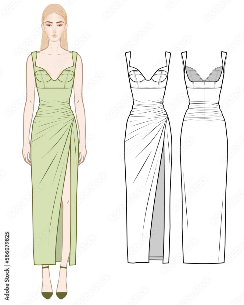 Fashion design illustration. dress flat technical drawing template ...