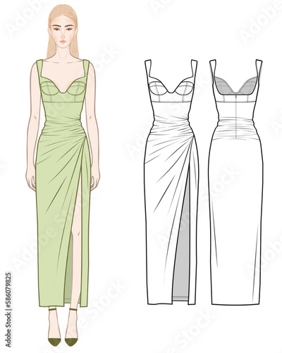 Fashion design illustration. dress flat technical drawing template. high slit dress technical fashion Illustration, front, and back view, isolated in white, green, CAD mockup set.