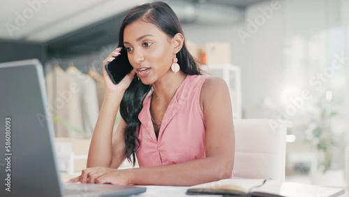 Wallpaper Mural Phone call, laptop and woman or fashion designer for logistics, online shop planning or ecommerce startup website. Young business owner or indian person talking to client on cellphone and computer Torontodigital.ca