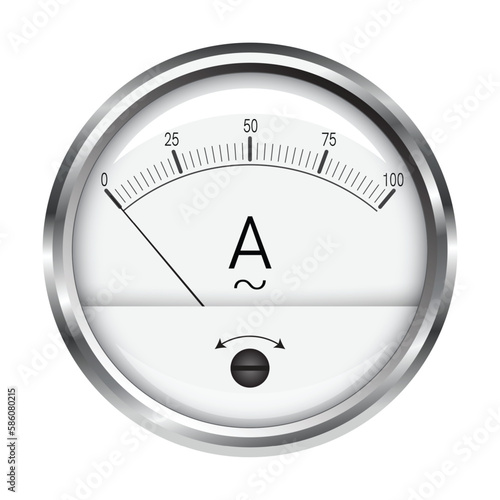 Voltmeter Round gauge with silver metal frame, isolated 3D vector illustration on a white background.