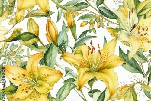 Illustration of yellow flowers and green leaves in a watercolor painting created with Generative AI technology