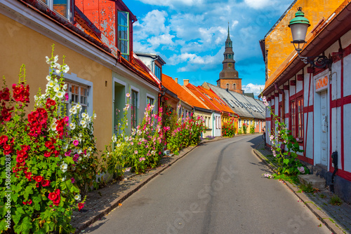 Traditional colorful street in Swedish town Ystad photo