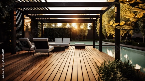 Wooden terrace surrounded by swimming pool. Generative AI