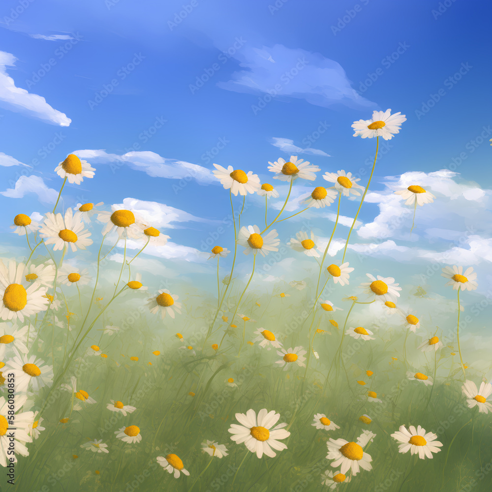 Painted daisy flowers against a sky, ai generation