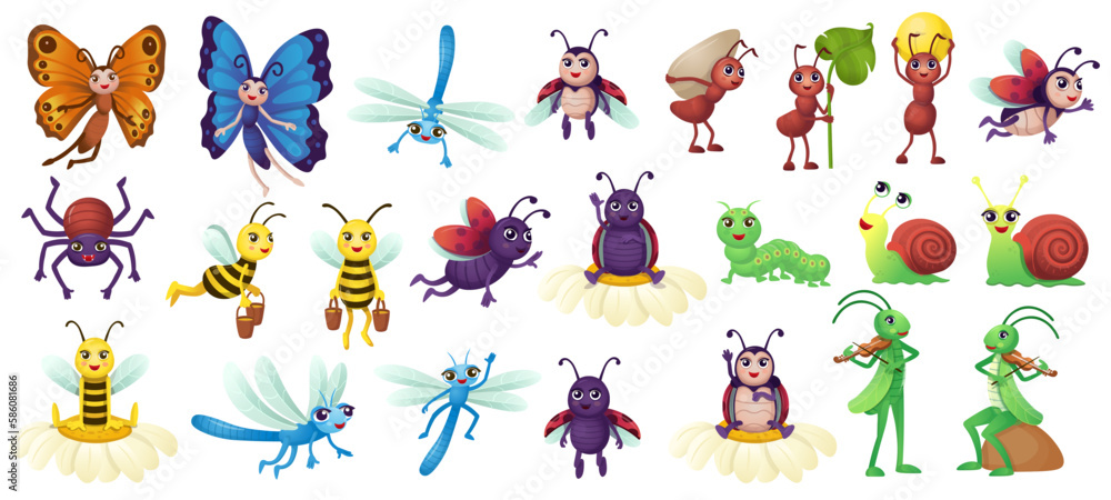 Obraz premium Big set of cartoon insects for kids. Humanized insects with hands and eyes for kids. Fun to study insects to play games. Insects on white background.