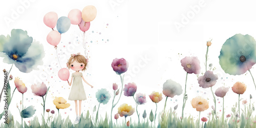 Fototapeta Naklejka Na Ścianę i Meble -  Girl with balloons among flowers, watercolor, ai generation