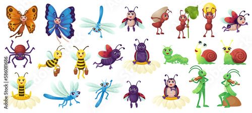 Big set of cartoon insects for kids. Humanized insects with hands and eyes for kids. Fun to study insects to play games.  Insects on white background.