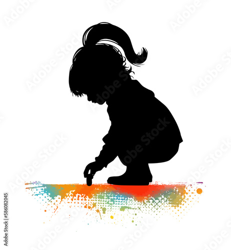 Silhouette of a little girl. Draws on asphalt with chalk. Vector illustration