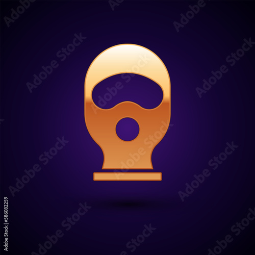 Gold Balaclava icon isolated on black background. A piece of clothing for winter sports or a mask for a criminal or a thief. Vector