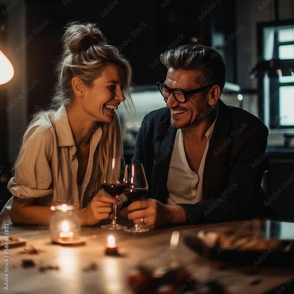 Pareja riendo y tomando una copa de vino en casa mientras se cocina la cena, Generative Ai - obrazy, fototapety, plakaty 