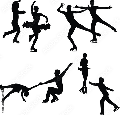 set black silhouette couple figure skating on white background, sports vector illustration, winter olympic sports