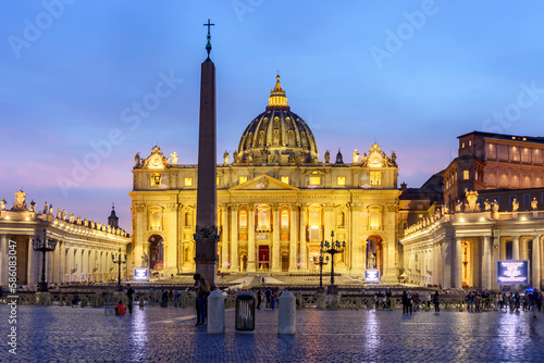 St. Peter's basilica in Vatican at night, center of Rome, Italy