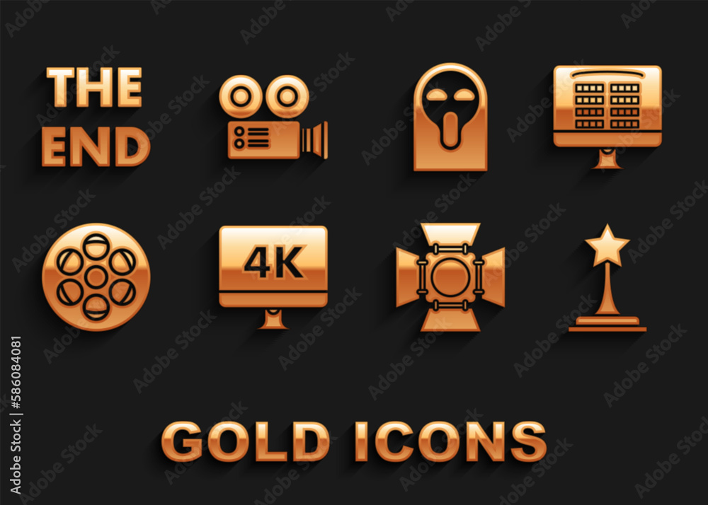 Set Computer PC monitor with 4k video technology, Movie trophy, spotlight, Film reel, Funny and scary ghost mask, The End handwritten inscription and Cinema camera icon. Vector Set Computer PC monitor with 4k video technology, Movie trophy, spotlight, Film reel, Funny and scary ghost mask, The End handwritten inscription and Cinema camera icon. Vector