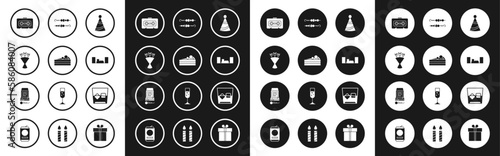 Set Party hat, Cake, Bouquet of flowers, Retro audio cassette tape, Home stereo with two speakers, Grilled shish kebab, Glass whiskey and ice cubes and Karaoke icon. Vector