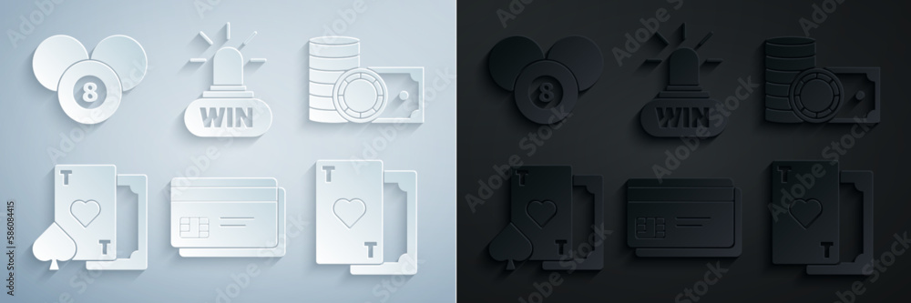 Set Credit card, Casino chips and stacks money cash, Playing with heart, win and Billiard pool snooker 8 ball icon. Vector Set Credit card, Casino chips and stacks money cash, Playing with heart, win and Billiard pool snooker 8 ball icon. Vector