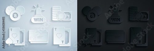 Set Credit card, Casino chips and stacks money cash, Playing with heart, win and Billiard pool snooker 8 ball icon. Vector