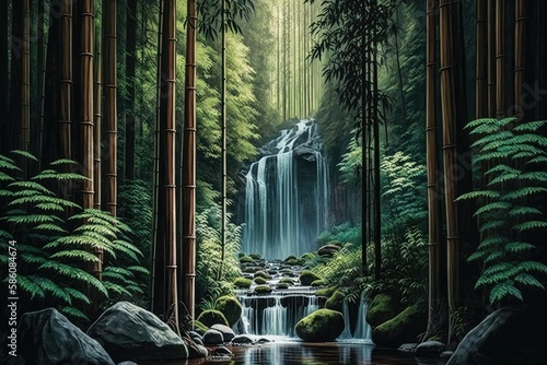 bamboo forest with towering redwoods and a waterfall in the background, created with generative ai