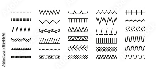 Set of seamless sewing stitches. Overlock embroidery seams. Collection of machine thread sew brushes. Simple zigzag elements vector illustration. Line border isolated on white background.