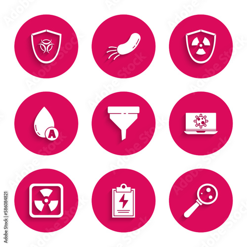 Set Funnel or filter  Laboratory clipboard with checklist  Microorganisms under magnifier  Bacteria on laptop  Radioactive  Water drop  in shield and Biohazard symbol icon. Vector