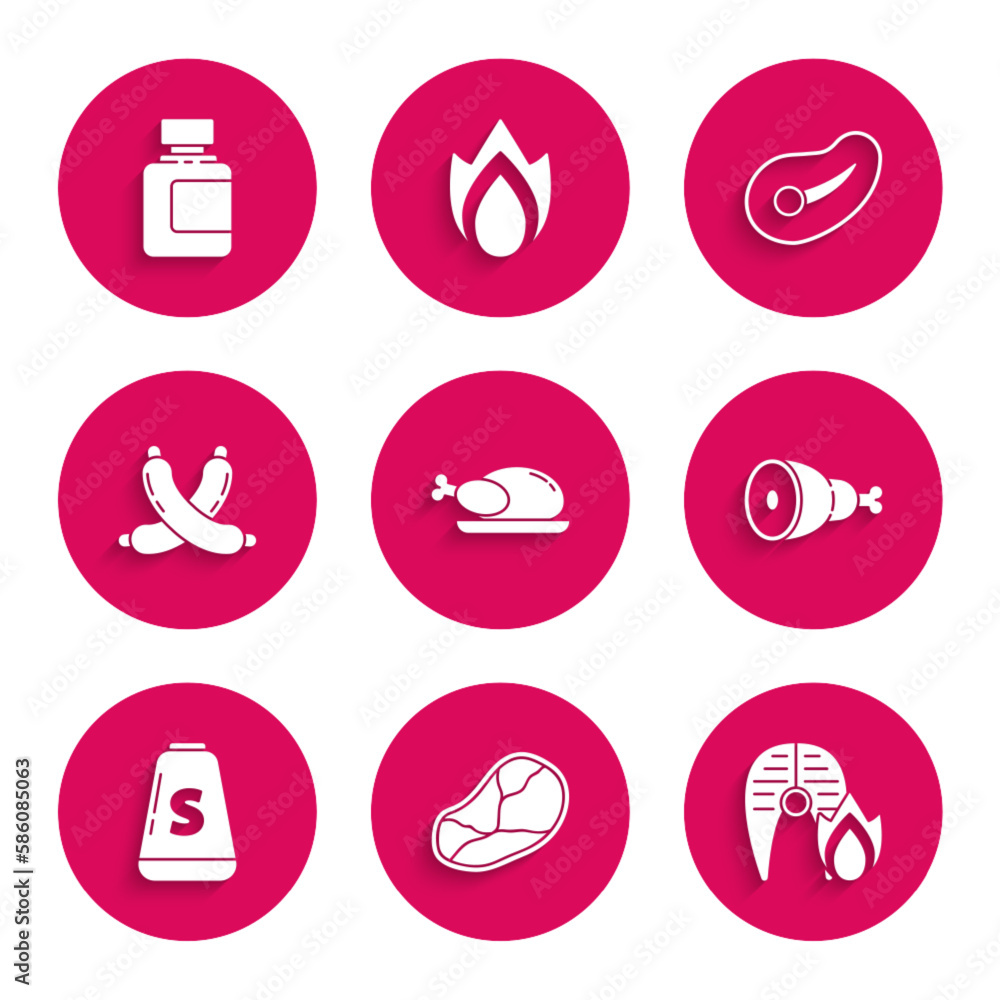 Set Roasted turkey or chicken, Steak meat, Grilled fish steak and fire flame, Chicken leg, Salt, Crossed sausage, and Sauce bottle icon. Vector Set Roasted turkey or chicken, Steak meat, Grilled fish steak and fire flame, Chicken leg, Salt, Crossed sausage, and Sauce bottle icon. Vector