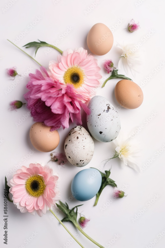 easter eggs and flowers on wooden background