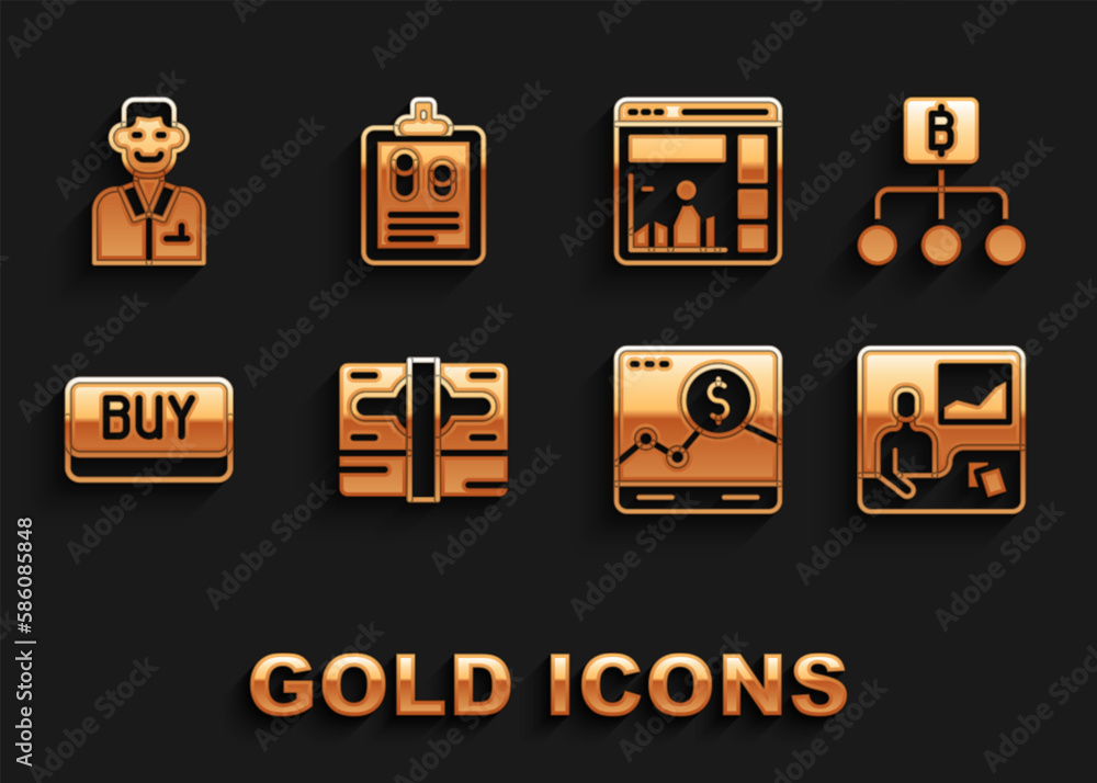 Set Stacks paper money cash, Blockchain technology Bitcoin, Trading courses, Website with growth graph, Buy button, Trader and Business finance report icon. Vector Set Stacks paper money cash, Blockchain technology Bitcoin, Trading courses, Website with growth graph, Buy button, Trader and Business finance report icon. Vector