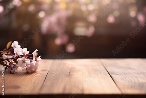 Empty Tabletop in Sakura Park with Flower on blur Background for your product