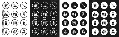 Set Handle broom, Rubber gloves, Garbage bag, Clean cooking pot, Cleaning spray bottle, Lawn mower, Bottle for cleaning agent and Trash can icon. Vector