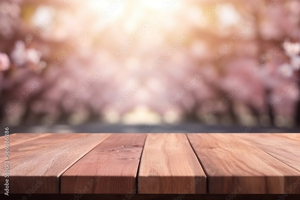 Empty Tabletop in Sakura Park with Flower on blur Background for your product Empty Tabletop in Sakura Park with Flower on blur Background for your product