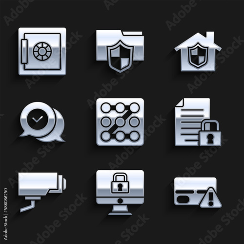 Set Graphic password protection, Lock monitor, Credit card, Document and lock, Security camera, Check mark in speech bubble, House under and Safe icon. Vector
