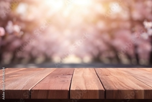 Empty Tabletop in Sakura Park with Flower on blur Background for your product