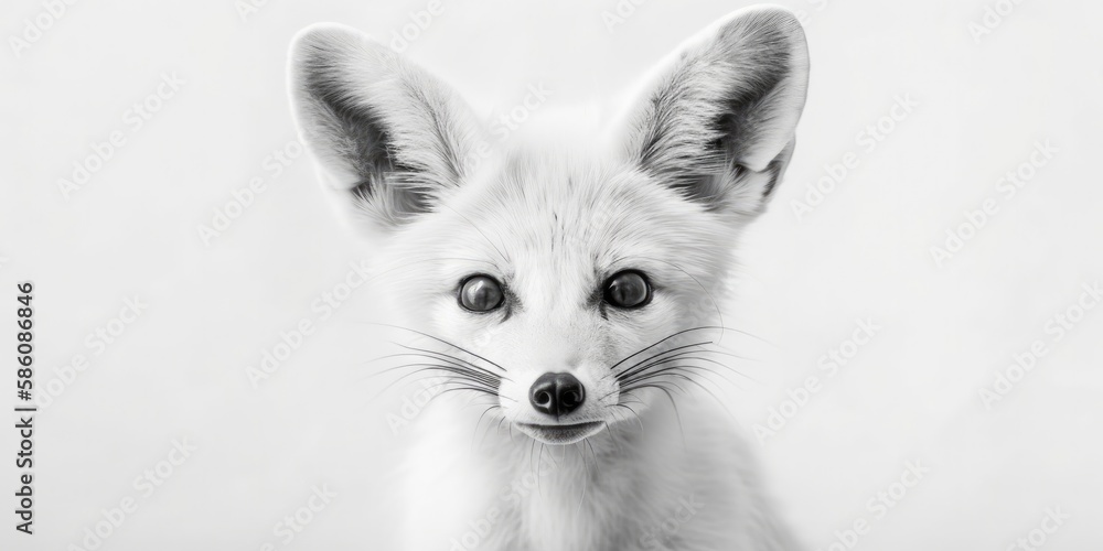 Fototapeta premium Black and white close up portrait of a fox, light background, Generative AI