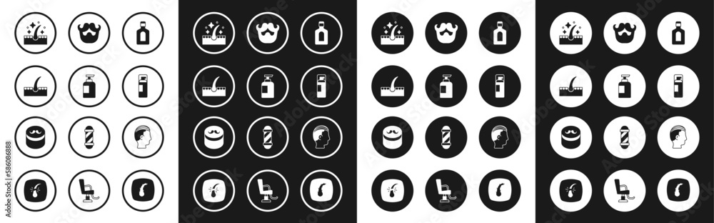 Set Bottle of shampoo, Human hair follicle, Oil for care treatment, Shaving gel foam, Mustache and beard, Hairstyle and Gel wax styling icon. Vector Set Bottle of shampoo, Human hair follicle, Oil for care treatment, Shaving gel foam, Mustache and beard, Hairstyle and Gel wax styling icon. Vector