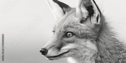 Black and white close up portrait of a fox, light background, Generative AI