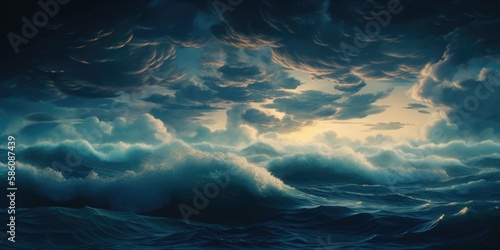Stormy ocean with turbulent waves near dusk, deep blue sea, thunderstorm rain clouds forming, fading sunlight, dangerous surf, dark overcast mood - generative AI