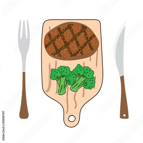 food steak on chopping board with knife and fork vector cartoon illustration Breakfast Icon Concept Isolated Premium Vector flat cartoon style.
