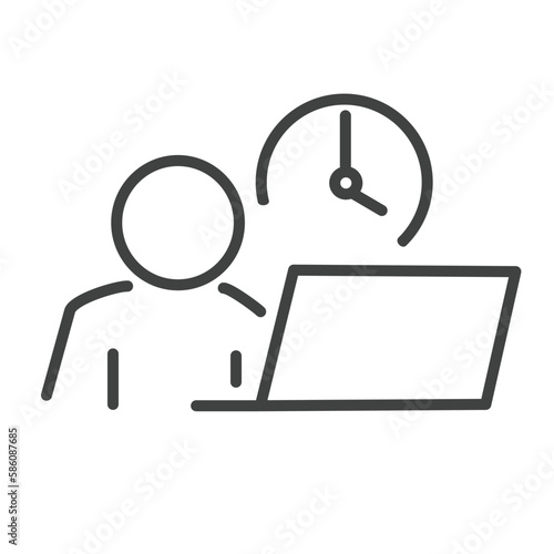 flexible schedule work icon, worker hours, punctual business man, part time job, remotely at the computer, thin line symbol on white background - editable stroke vector eps10