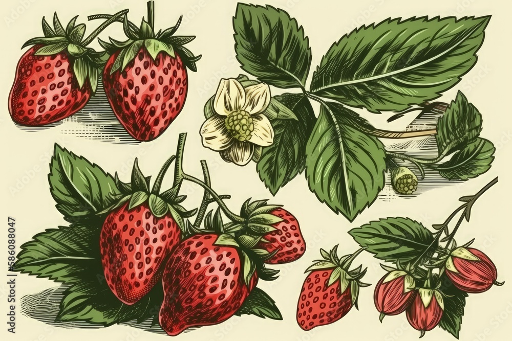 Illustration of strawberries with leaves and flowers created with Generative AI technology Illustration of strawberries with leaves and flowers created with Generative AI technology